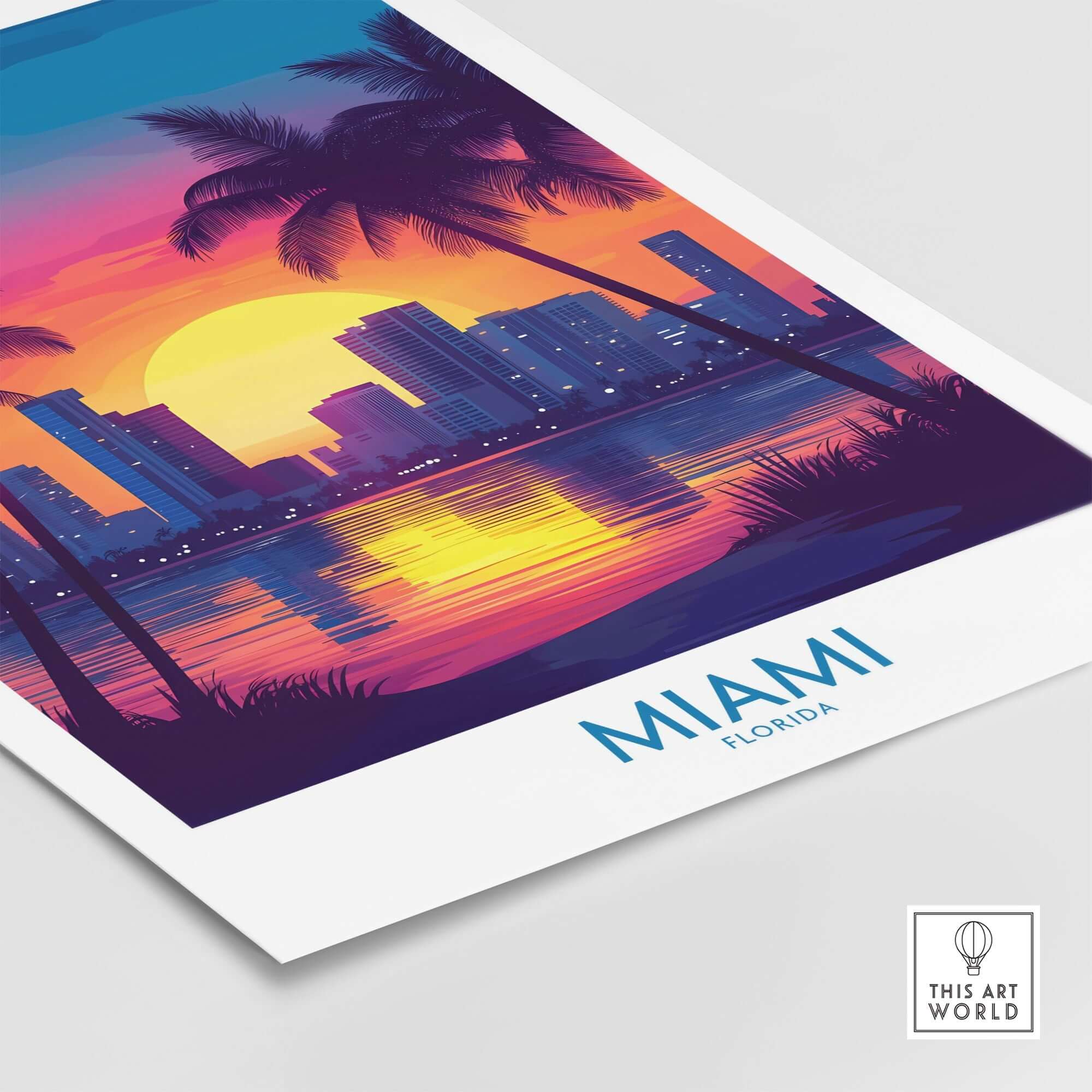 Miami Wall Art Print showcasing a vibrant sunset over the Miami skyline with palm trees.