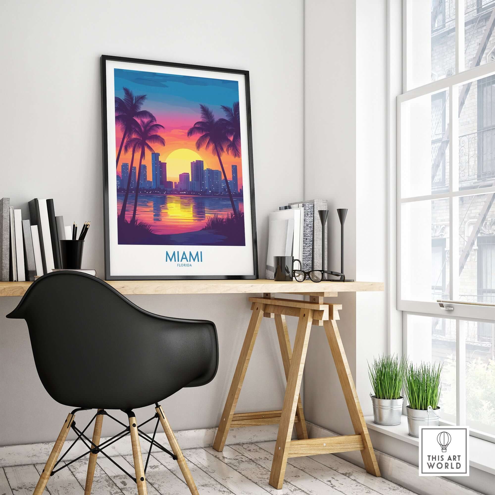 Miami Wall Art Print displayed in a stylish home office setting with vibrant colors and palm trees.