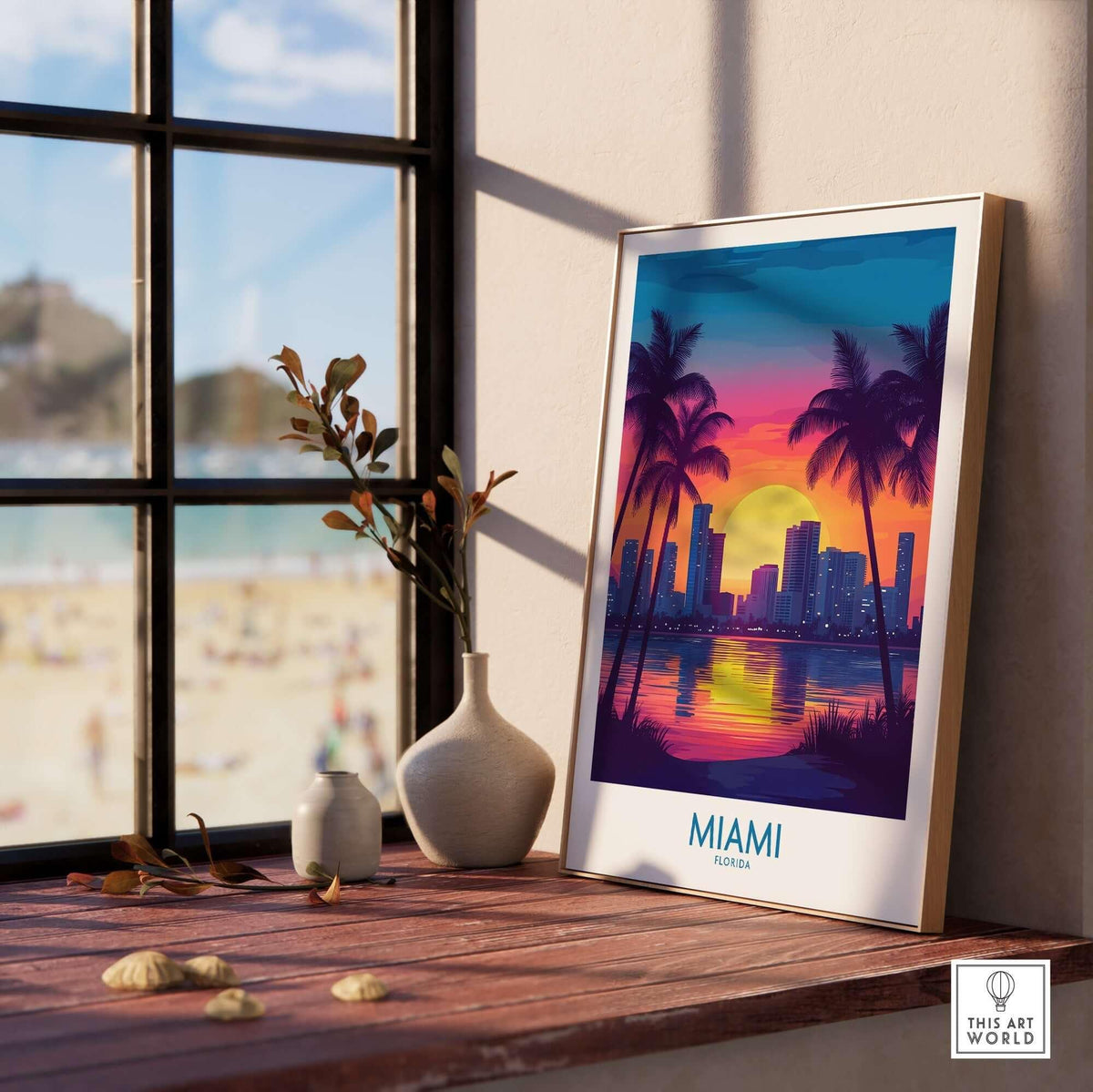 Miami Wall Art Print featuring a vibrant sunset skyline with palm trees beside a beach