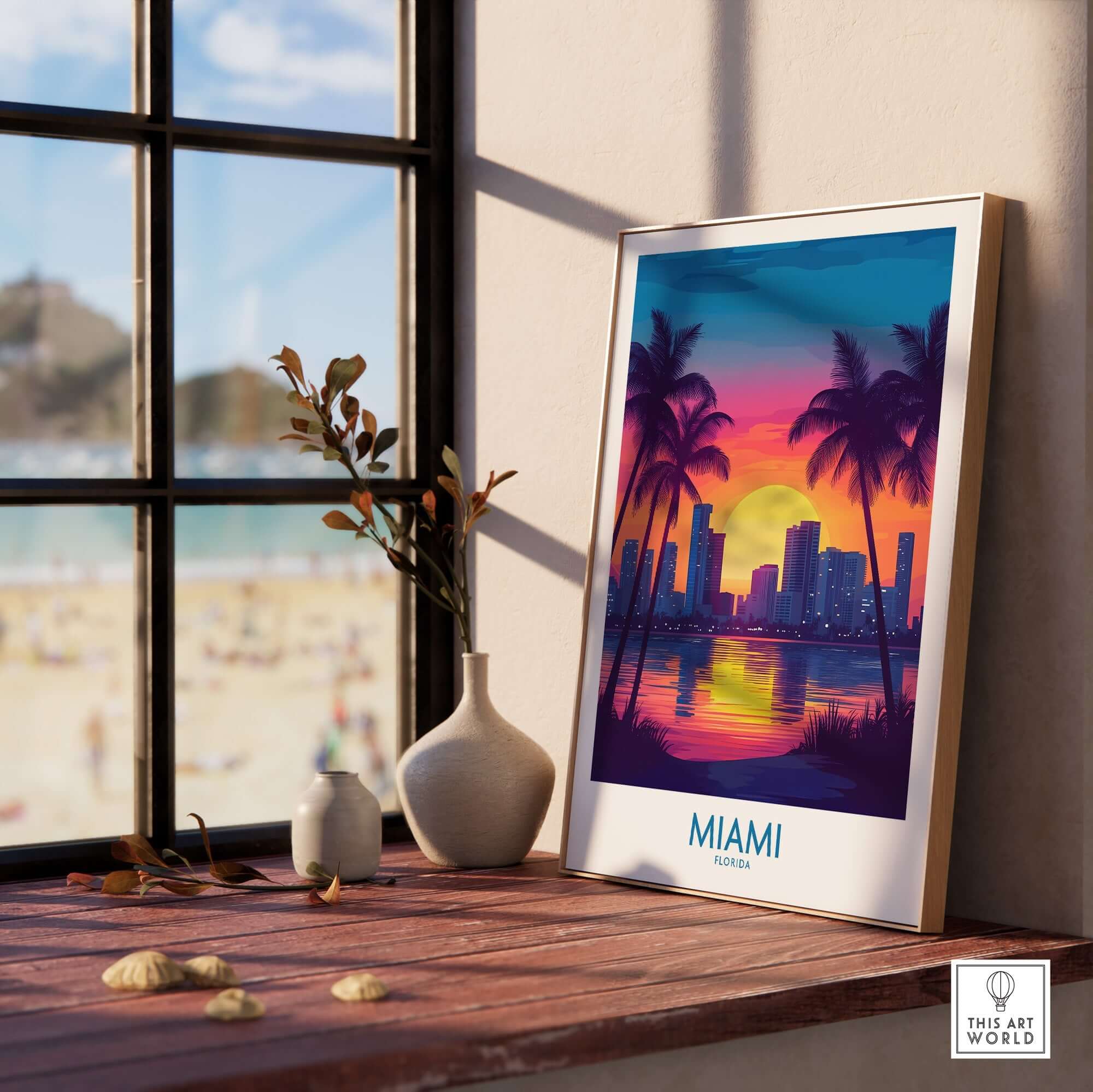 Miami Wall Art Print featuring a vibrant sunset skyline with palm trees beside a beach