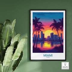 Miami Wall Art Print showcasing colorful sunset and beach skyline, perfect for vibrant home decor.