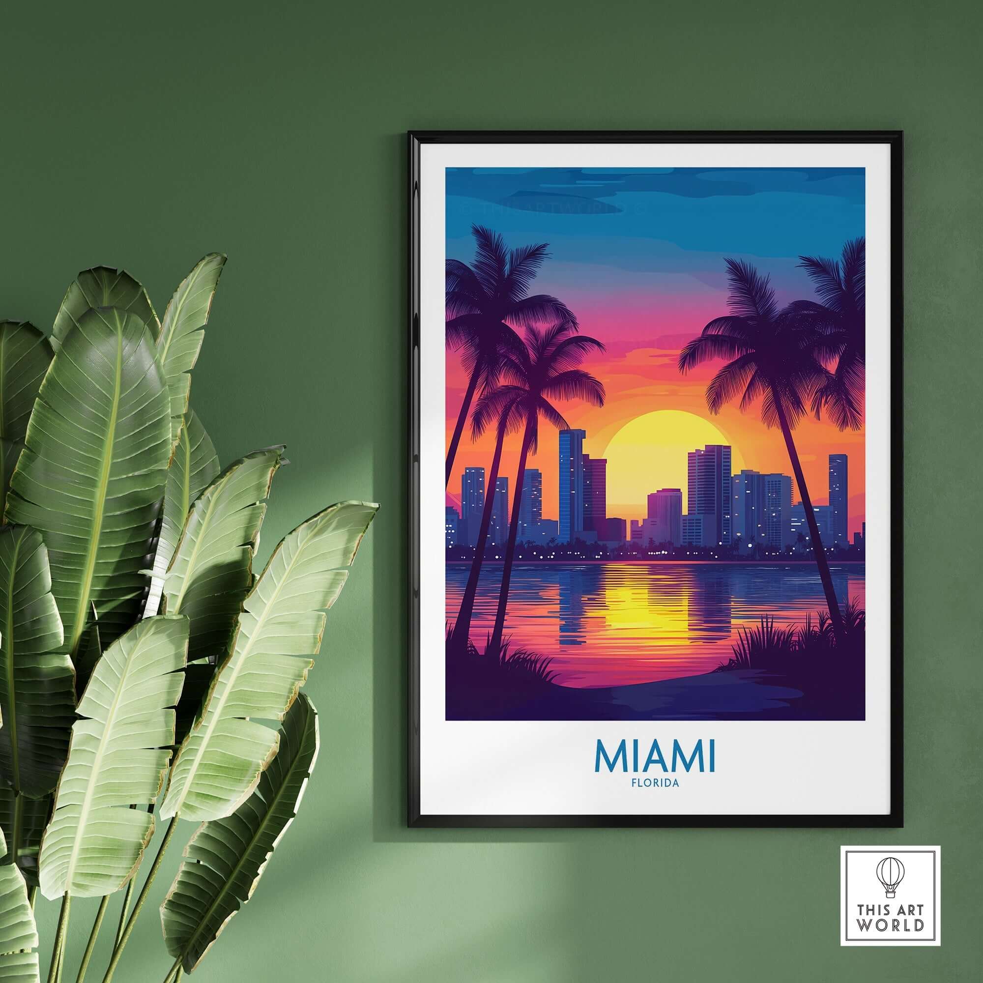 Miami Wall Art Print showcasing colorful sunset and beach skyline, perfect for vibrant home decor.