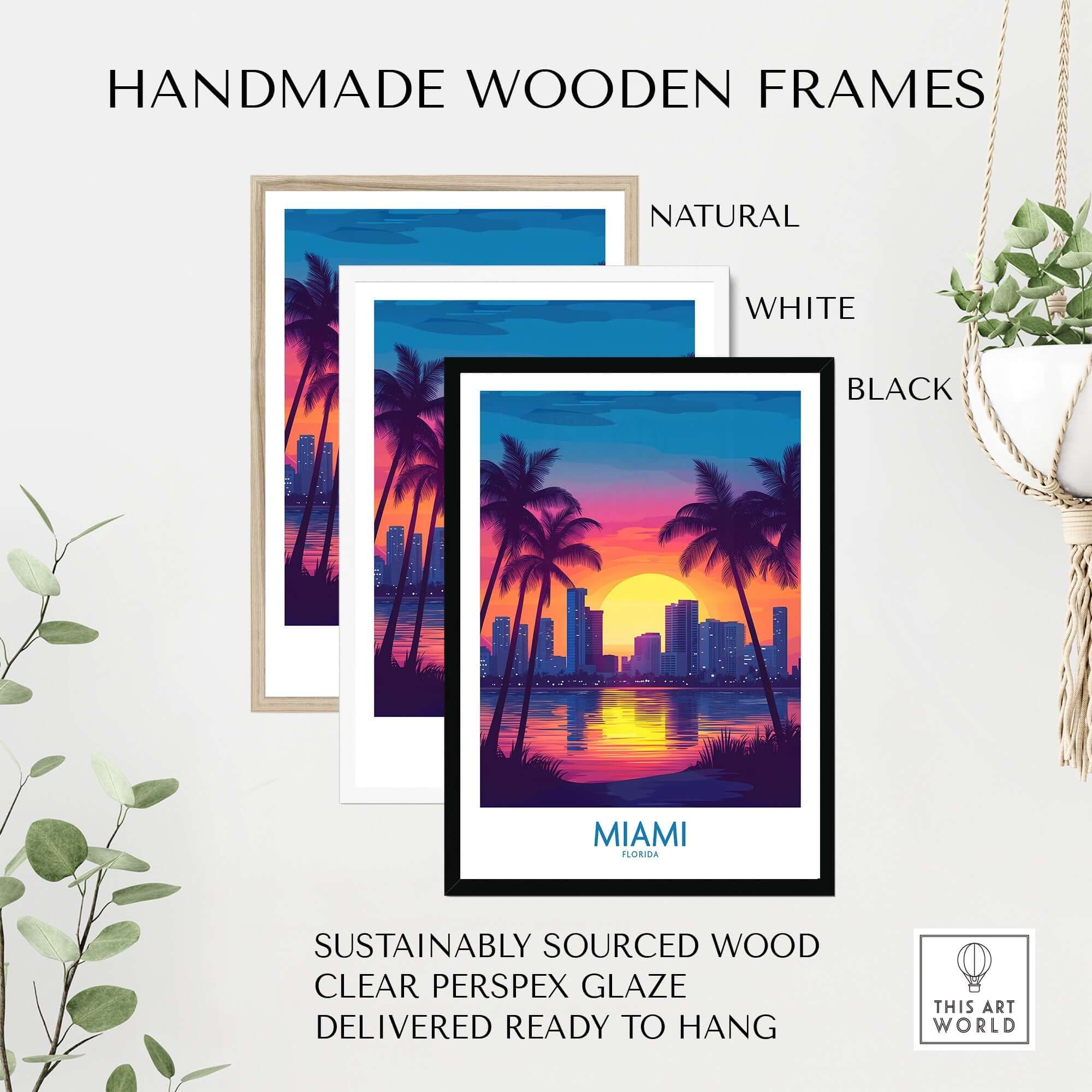 Handmade wooden frames for Miami Wall Art Print in natural, white, and black finishes, ready to hang.