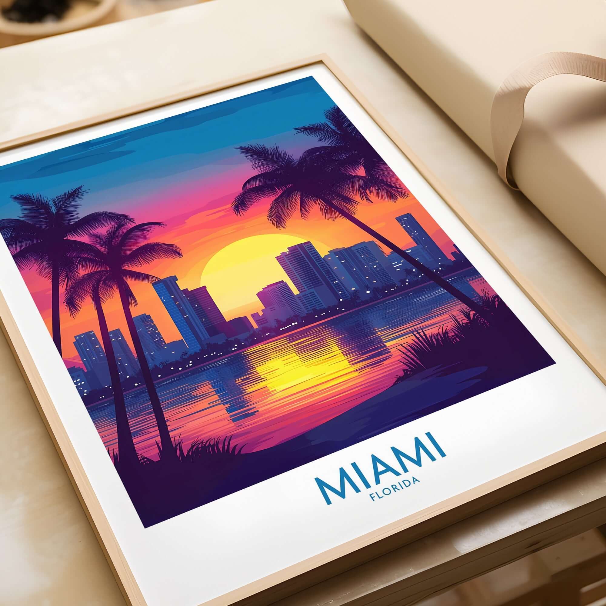 Miami Wall Art Print featuring a vibrant sunset, palm trees, and city skyline, capturing the tropical essence of Florida.