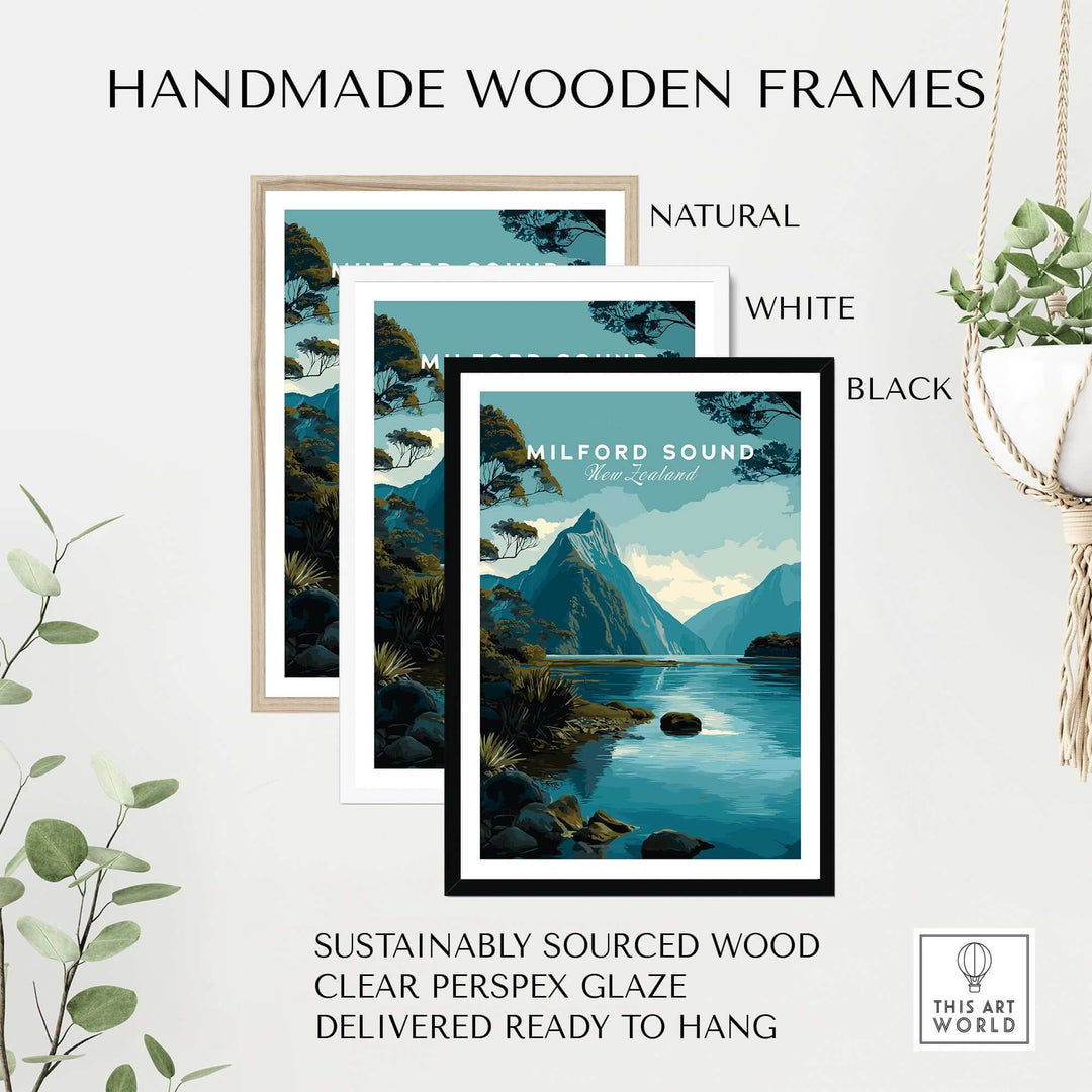 Handmade wooden frames in natural, white, and black for Milford Sound travel poster, made from sustainably sourced wood.