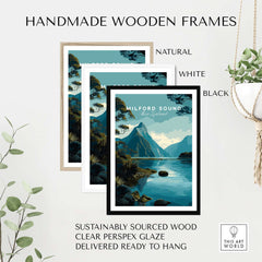 Milford Sound New Zealand Travel Poster Mitre Peak Print Fiordland Landscape Wall Art in handmade wooden frames.