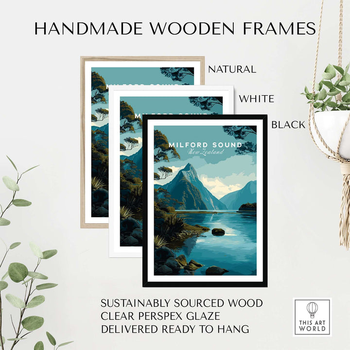 Handmade wooden frames in natural, white, and black for Milford Sound travel poster, made from sustainably sourced wood.