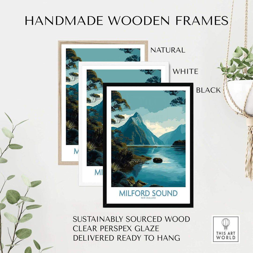 Milford Sound print in three handmade wooden frames: natural, white, and black, showcasing New Zealand's beautiful landscape.