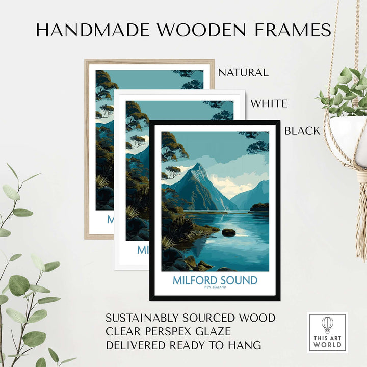 Milford Sound print in three handmade wooden frames: natural, white, and black, showcasing New Zealand's beautiful landscape.