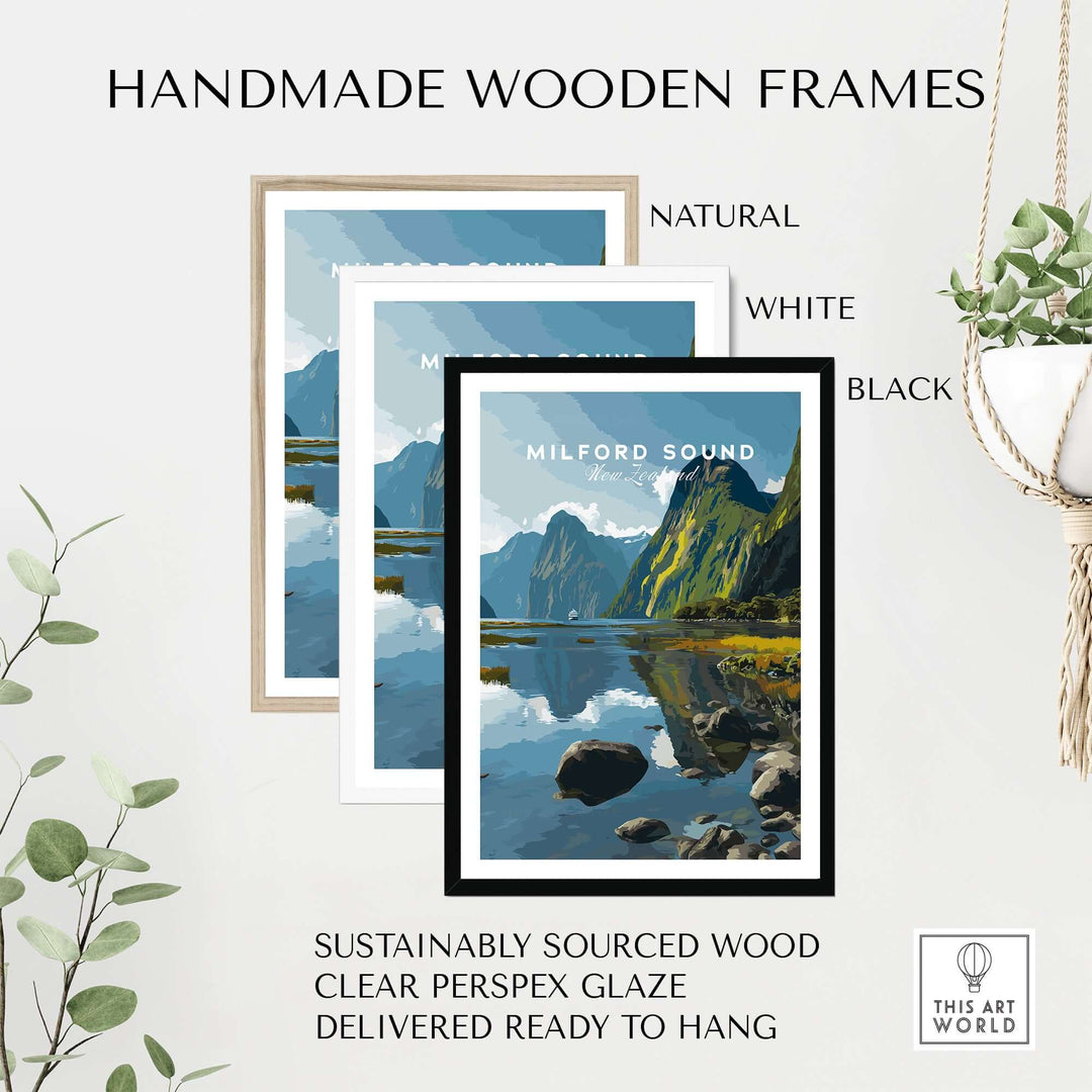 Handmade wooden frames in natural, white, and black for Milford Sound travel print, sustainably sourced and ready to hang.