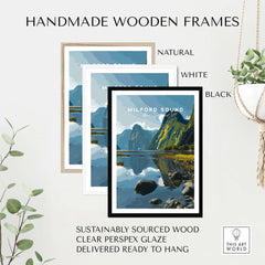 Milford Sound New Zealand Travel Print Reflection Poster Fiordland Cruise Wall Art displayed in handmade wooden frames.