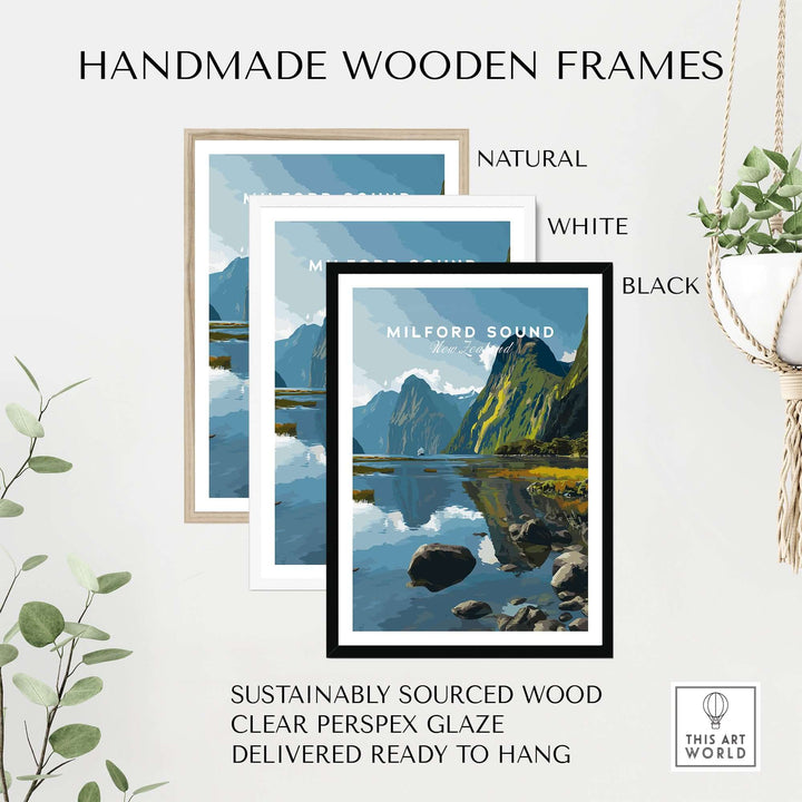 Handmade wooden frames in natural, white, and black for Milford Sound travel print, sustainably sourced and ready to hang.