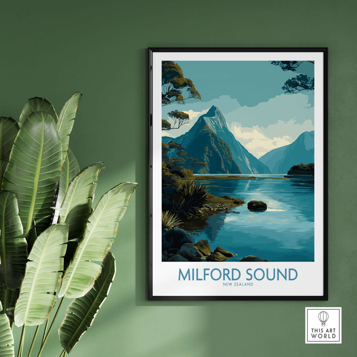 Mitre Peak poster in a stylish frame, showcasing Milford Sound landscape with tranquil waters and lush flora.
