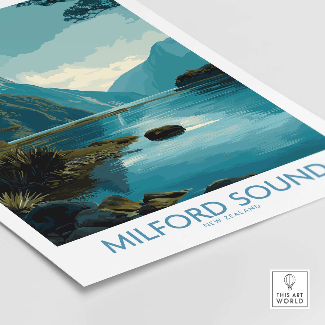 Milford Sound poster featuring dramatic landscapes and serene waters of New Zealand's iconic fiord.