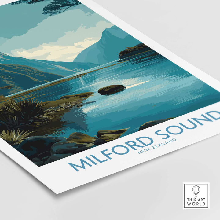 Milford Sound poster featuring dramatic landscapes and serene waters of New Zealand's iconic fiord.