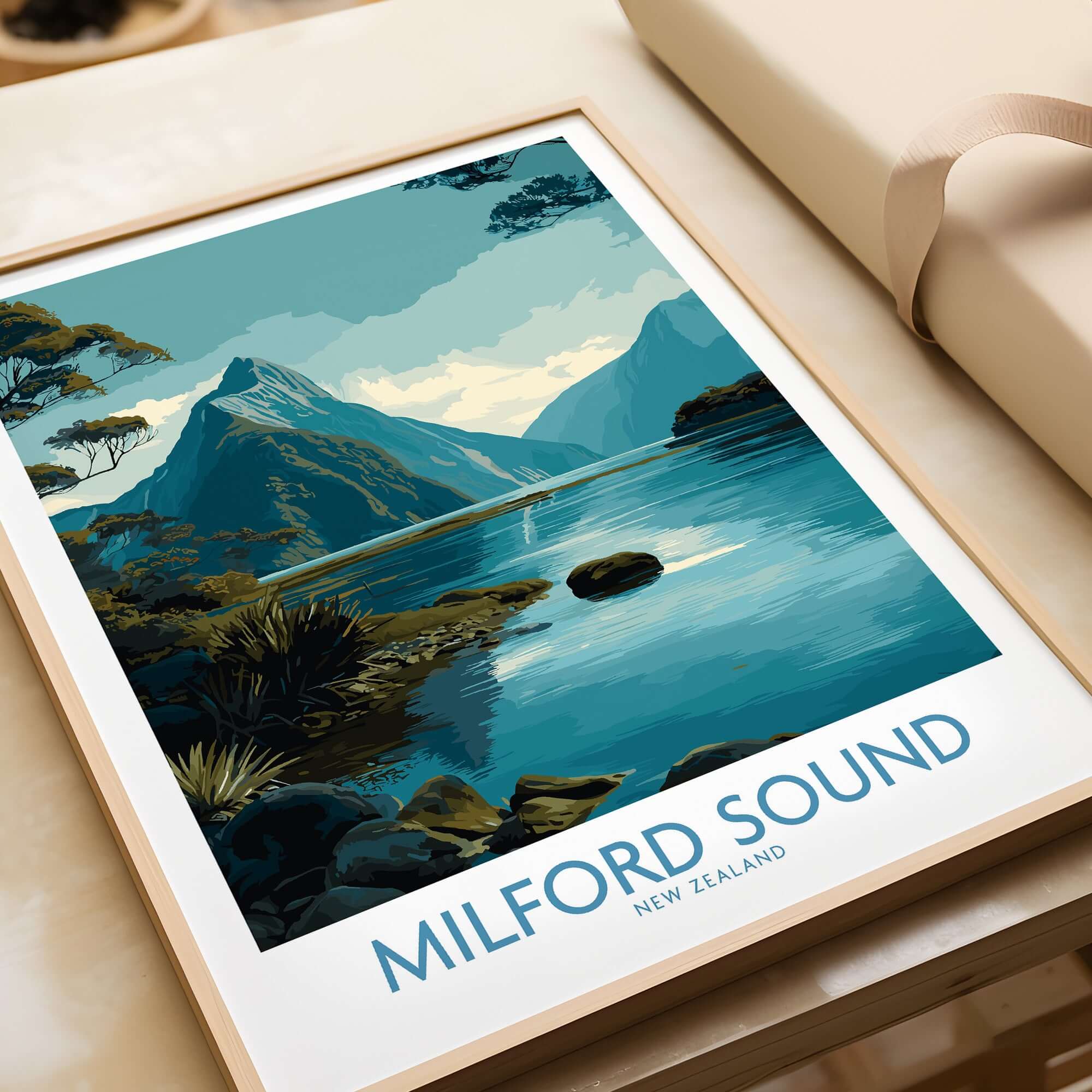New Zealand Milford Sound Mitre Peak Poster Fiord Travel Print Landscape Wall Art NZ showcasing iconic mountain scenery.