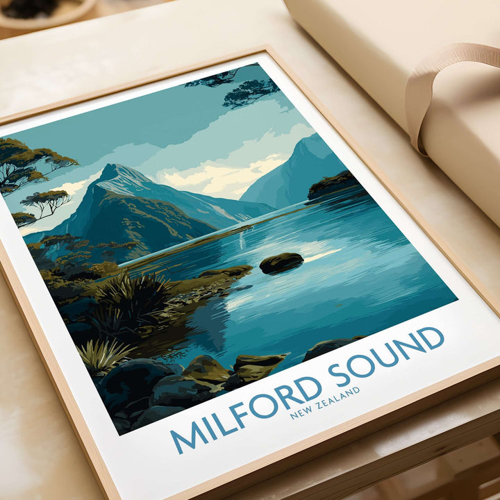 Milford Sound art print featuring Mitre Peak and serene waters, ideal for New Zealand landscape decor.