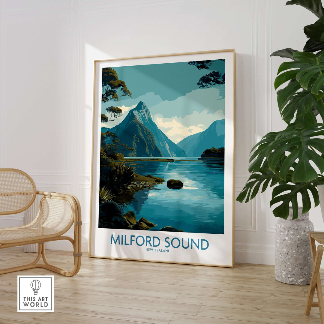 Milford Sound poster showcasing Mitre Peak and tranquil waters in New Zealand, perfect for travel-themed wall art.