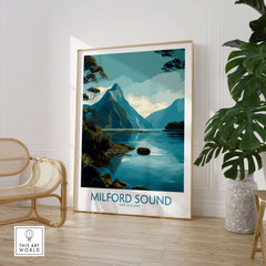 New Zealand Milford Sound Mitre Peak Poster Fiord Travel Print Landscape Wall Art NZ displayed in a stylish room.