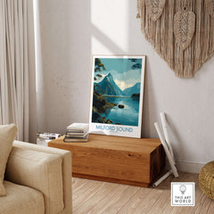 New Zealand Milford Sound Mitre Peak Poster Fiord Travel Print Landscape Wall Art NZ displayed in cozy living room.
