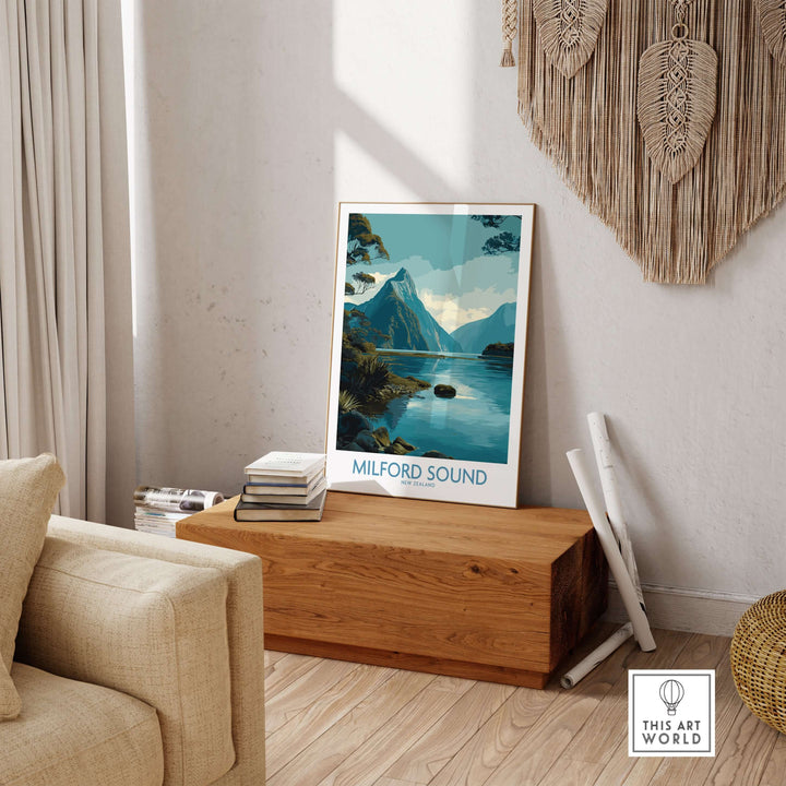 Stylish Milford Sound poster featuring Mitre Peak, calm waters, and lush flora in a cozy living room setting.