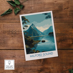New Zealand Milford Sound Mitre Peak Poster Fiord Travel Print Landscape Wall Art NZ showcasing stunning scenery.
