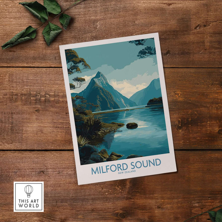 Milford Sound poster featuring Mitre Peak, New Zealand landscape art print on rustic wooden background.