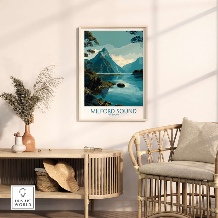 Milford Sound poster featuring Mitre Peak, tranquil waters, and lush landscape decor for NZ-inspired interior design.