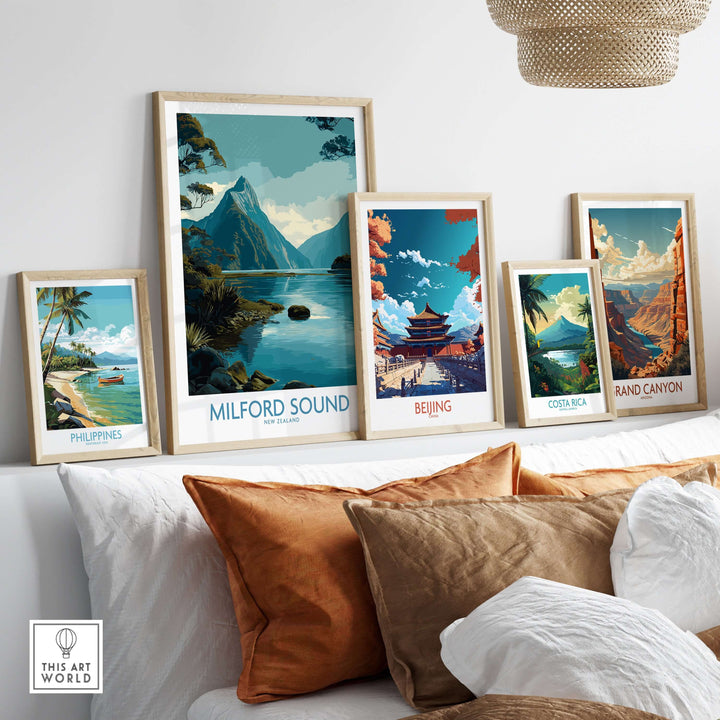 Milford Sound Mitre Peak poster featured among travel prints from various destinations on a stylish wall display.