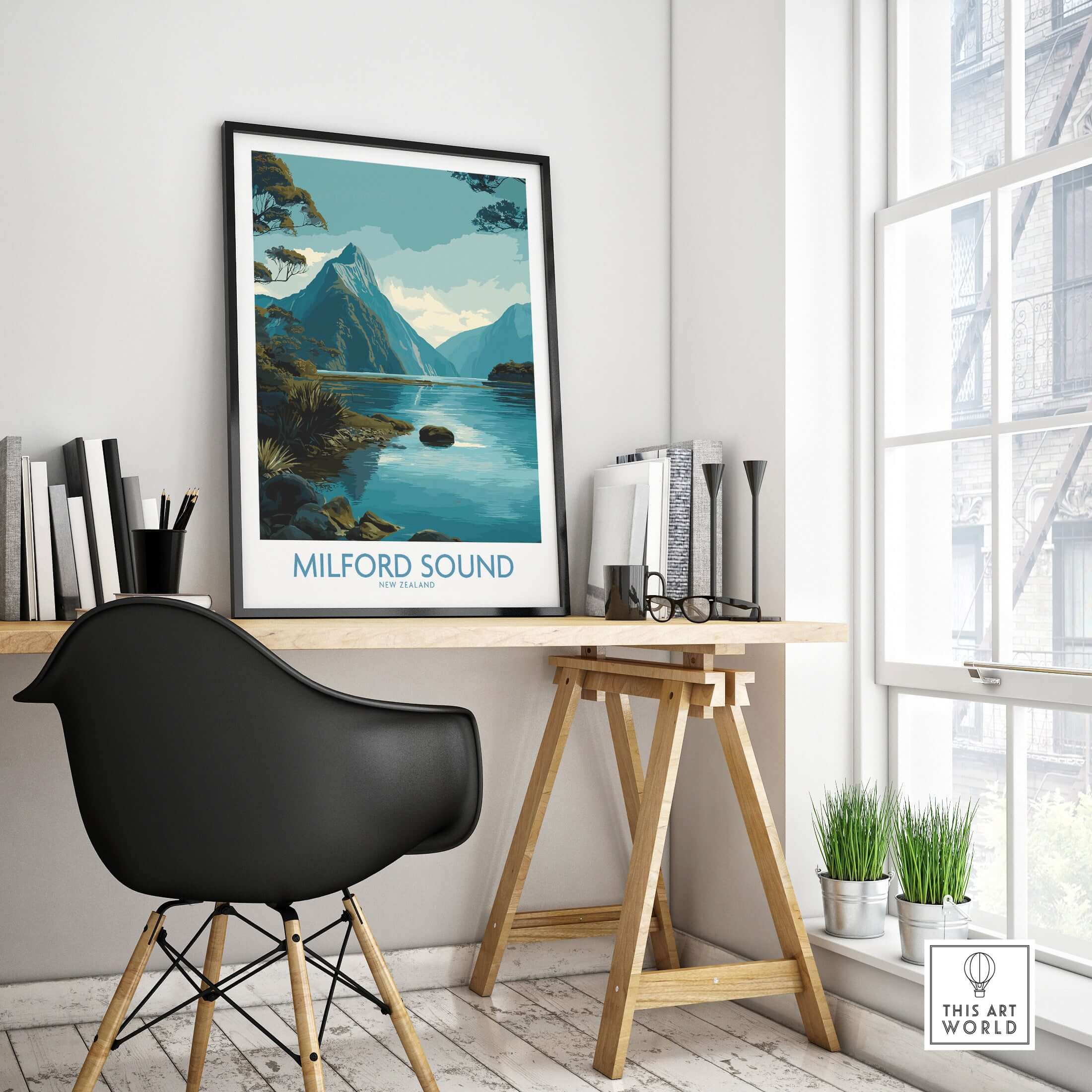 New Zealand Milford Sound Mitre Peak Poster Fiord Travel Print Landscape Wall Art NZ showcased in a stylish interior.