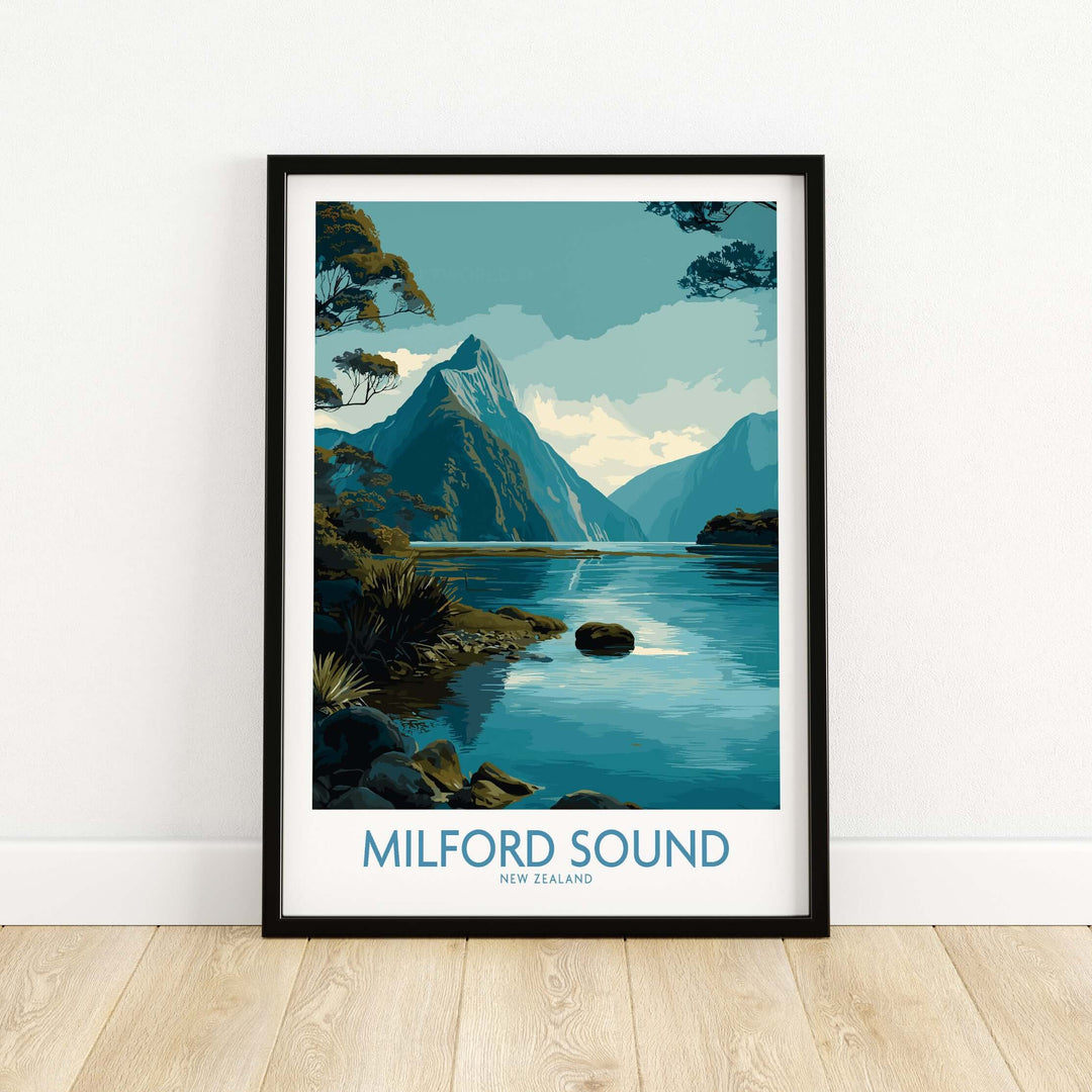 Milford Sound poster showcasing Mitre Peak and serene waters in New Zealand's stunning landscape.