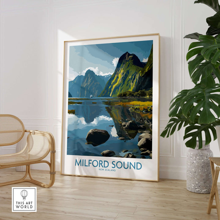 Milford Sound travel poster featuring stunning cliffs and reflections in tranquil waters of New Zealand's Fiordland.