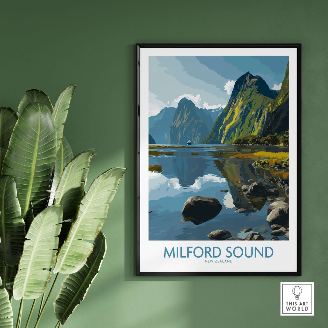 Milford Sound travel poster showcasing serene reflections in water and majestic cliffs of New Zealand's Fiordland.