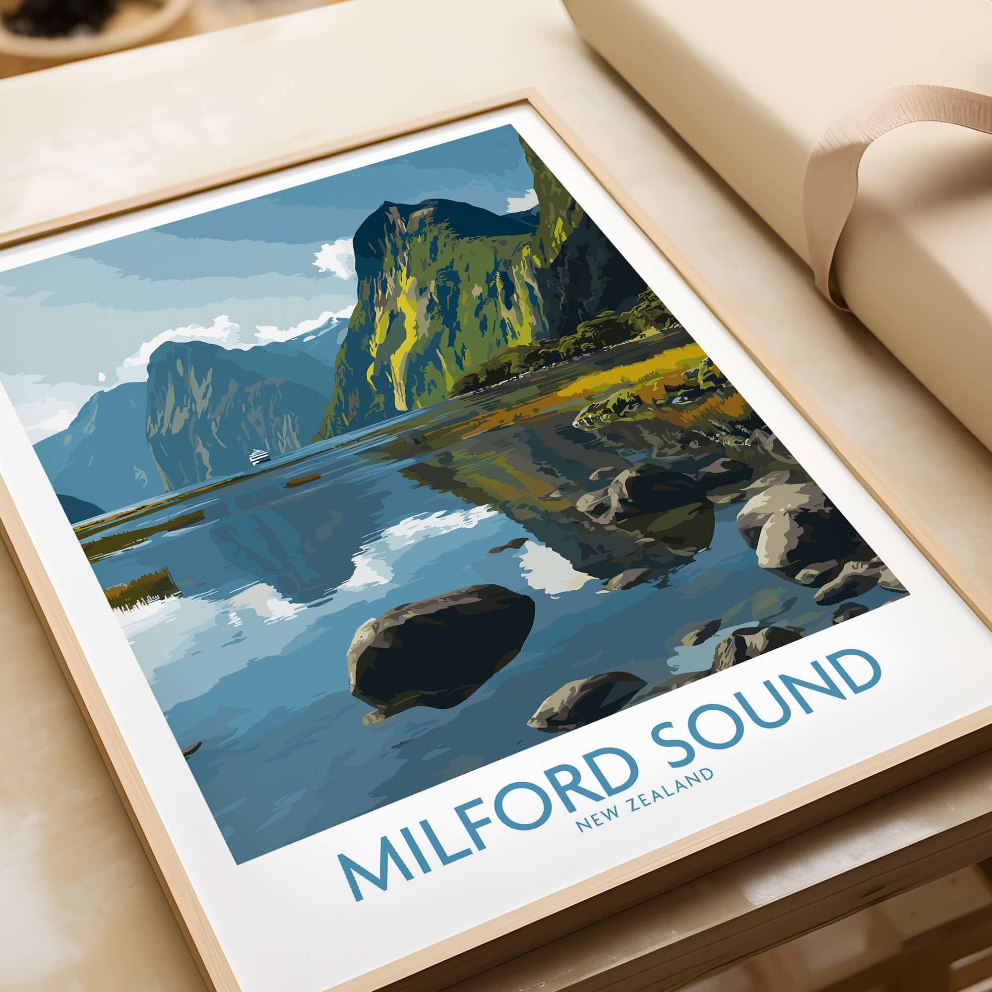 New Zealand Fiordland Poster Milford Sound Reflection Print Travel Landscape Wall Art showcasing stunning scenery.