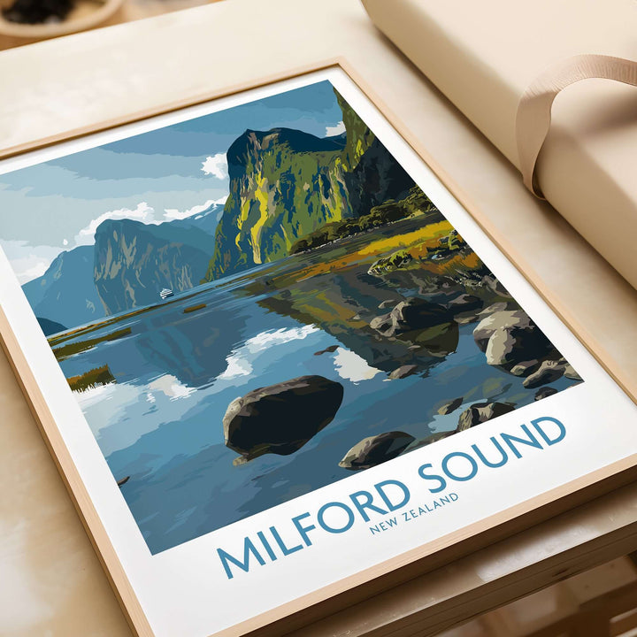 Milford Sound reflection print showcasing stunning cliffs and tranquil waters in New Zealand's Fiordland National Park.