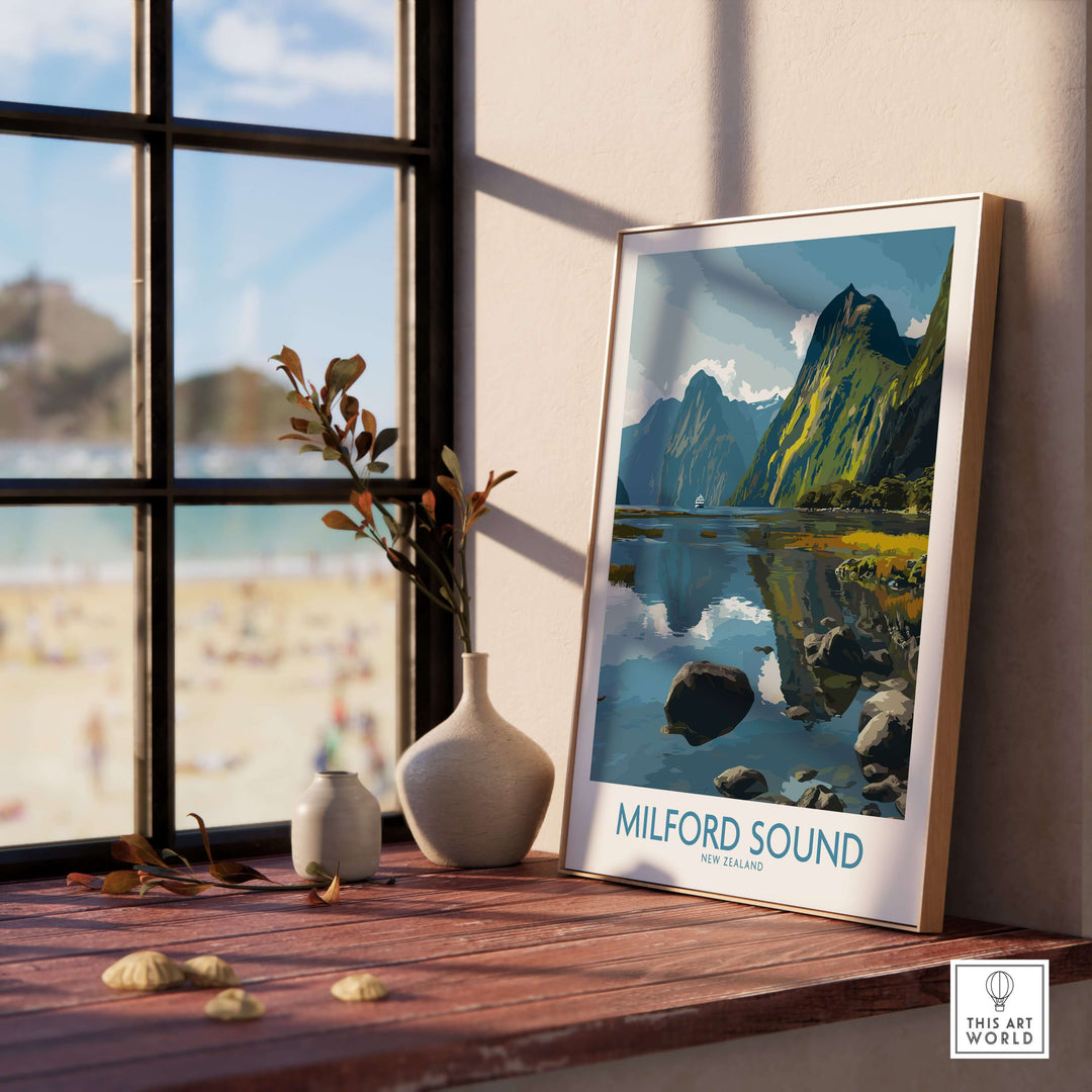 Milford Sound poster showcasing stunning reflections and landscapes in New Zealand's Fiordland National Park.