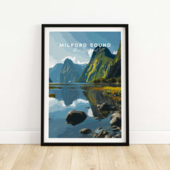 Milford Sound New Zealand Travel Print Reflection Poster Fiordland Cruise Wall Art showcasing scenic mountains and water reflections.