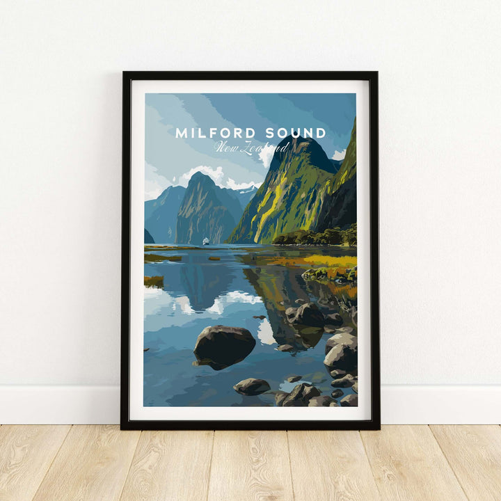 Milford Sound New Zealand travel print poster showcasing stunning reflections of fiord cliffs and serene waters.