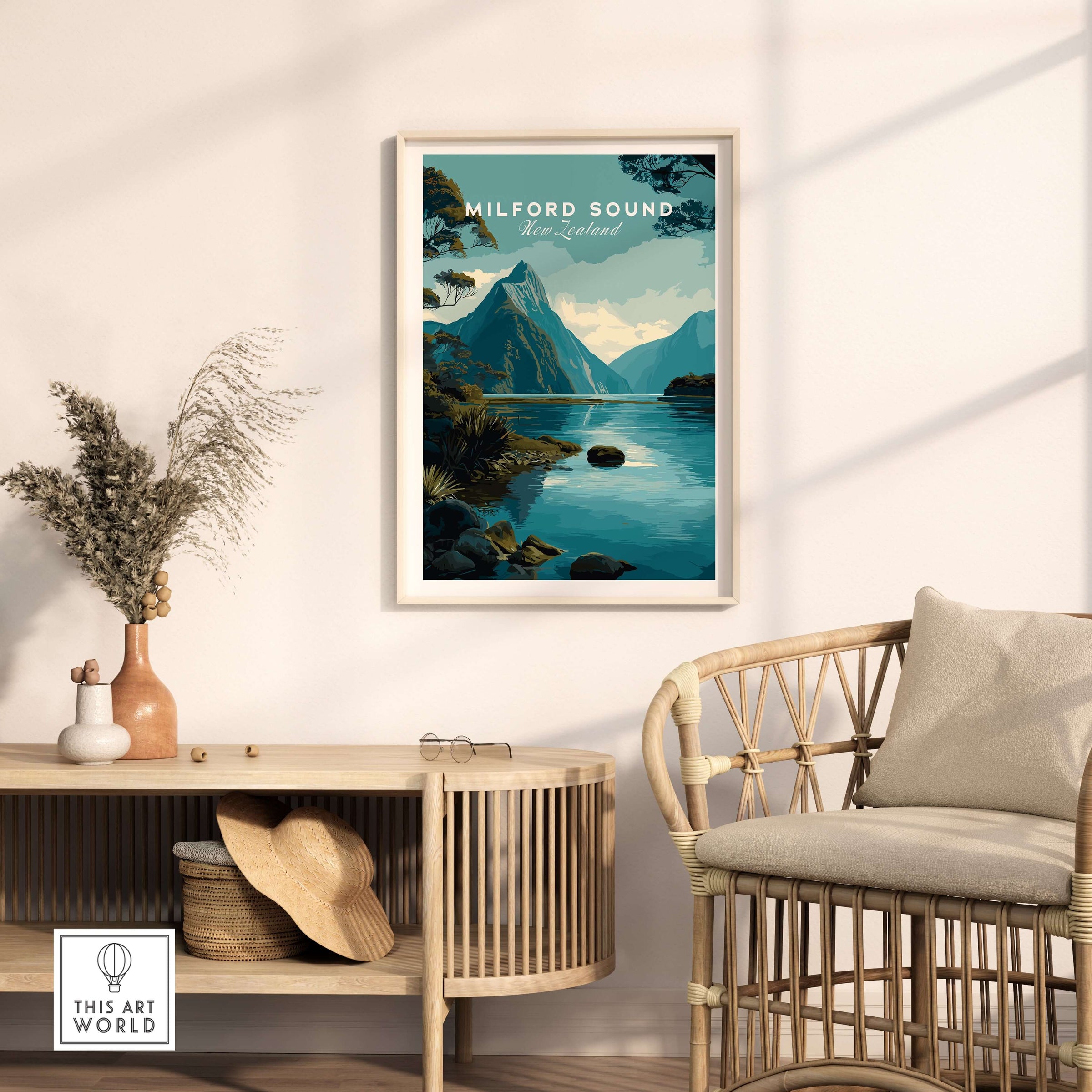 Milford Sound New Zealand Travel Poster Mitre Peak Print Fiordland Landscape Wall Art in a modern living room setting.