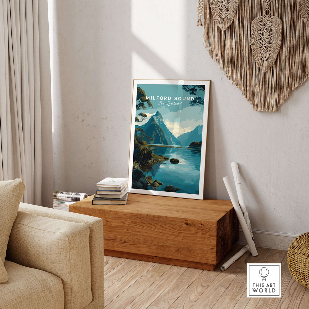 Milford Sound travel poster featuring Mitre Peak in Fiordland, New Zealand, displayed in a stylish interior setting.