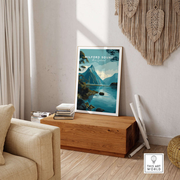 Milford Sound travel poster featuring Mitre Peak in Fiordland, New Zealand, displayed in a stylish interior setting.