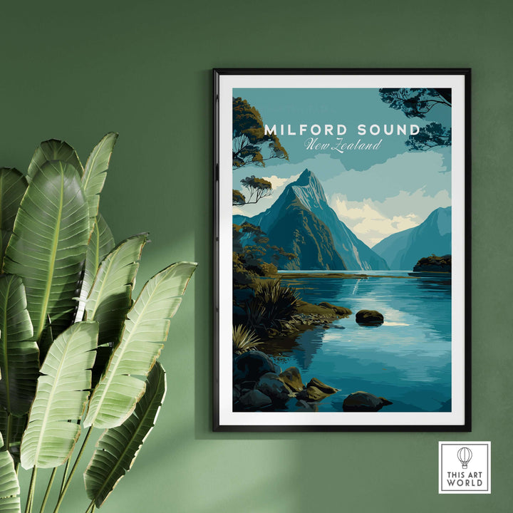 Milford Sound New Zealand travel poster featuring Mitre Peak and serene fiord landscape with lush greenery.