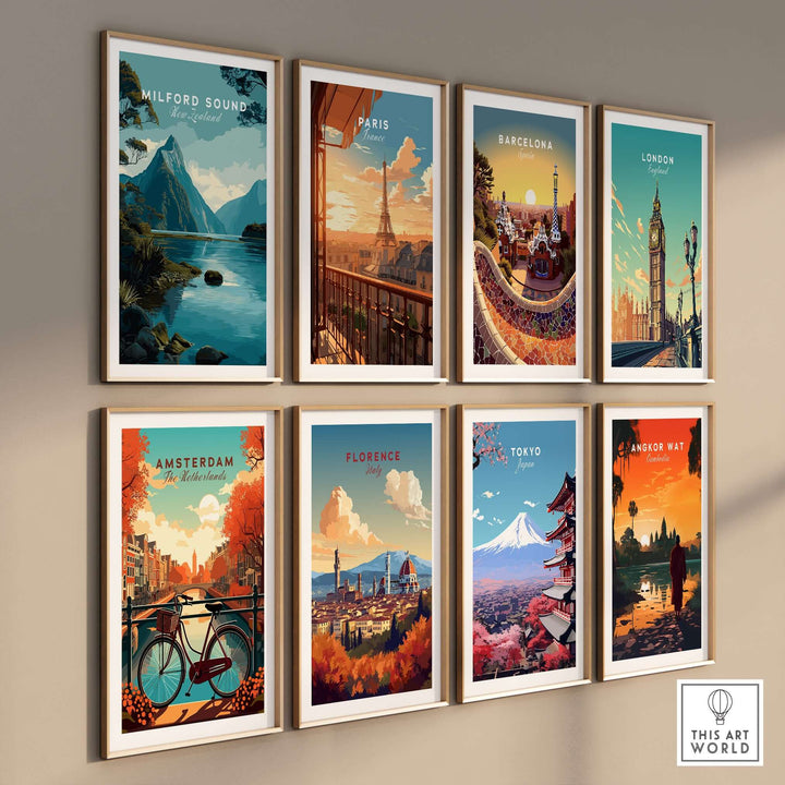 Gallery wall of travel posters featuring Milford Sound, Paris, Barcelona, London, Amsterdam, Florence, Tokyo, and Angkor Wat.