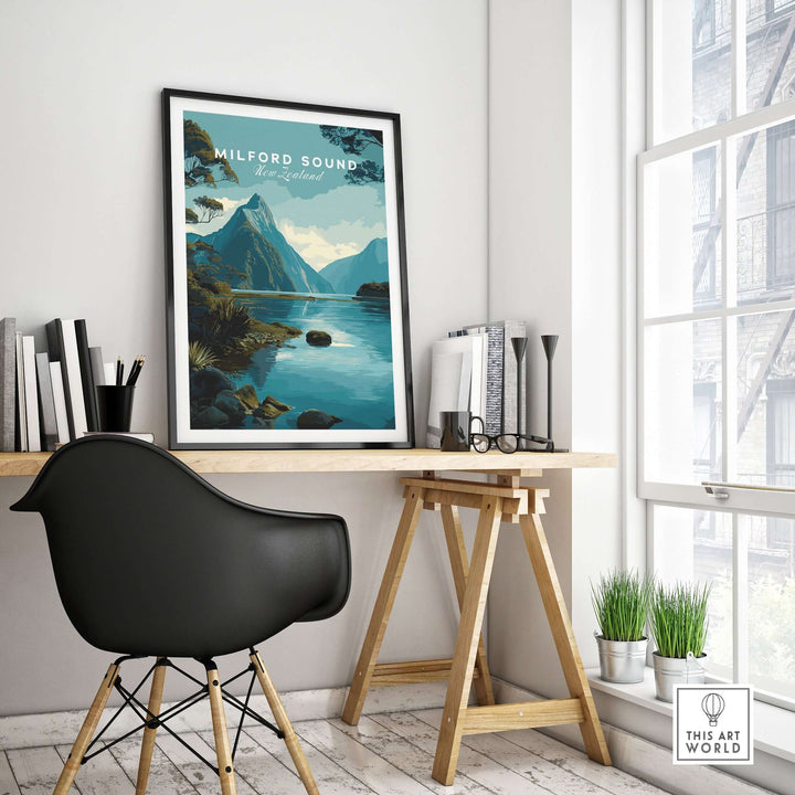 Milford Sound New Zealand travel poster featuring Mitre Peak and serene fiord landscape, styled in modern home office decor.