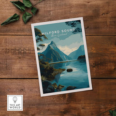 Milford Sound New Zealand Travel Poster Mitre Peak Print Fiordland Landscape Wall Art featuring serene waters and mountains.
