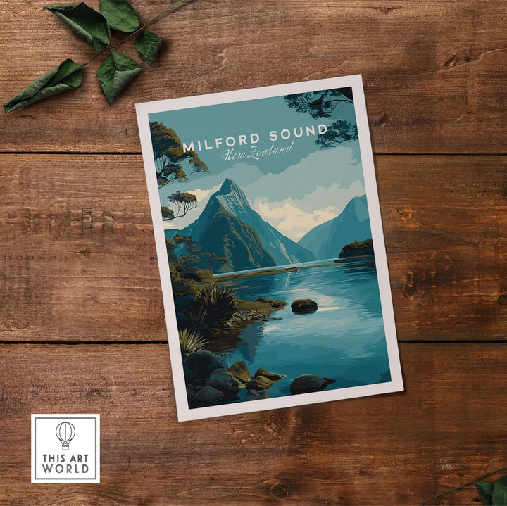 Milford Sound New Zealand travel poster featuring Mitre Peak and serene landscape print for home decor.