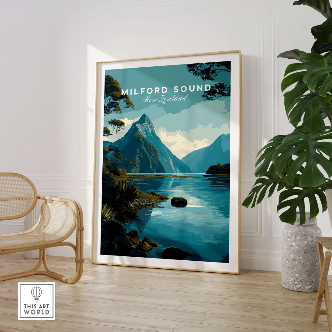 Milford Sound New Zealand travel poster with Mitre Peak and tranquil waters, showcasing Fiordland landscape wall art.