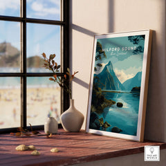 Milford Sound New Zealand Travel Poster Mitre Peak Print Fiordland Landscape Wall Art displayed in a cozy indoor setting.