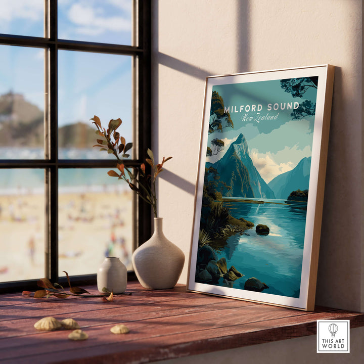 Milford Sound New Zealand travel poster featuring Mitre Peak, showcasing Fiordland landscape and serene waters.