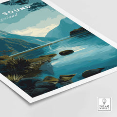 Milford Sound New Zealand Travel Poster Mitre Peak Print Fiordland Landscape Wall Art featuring a serene lake and lush mountains.